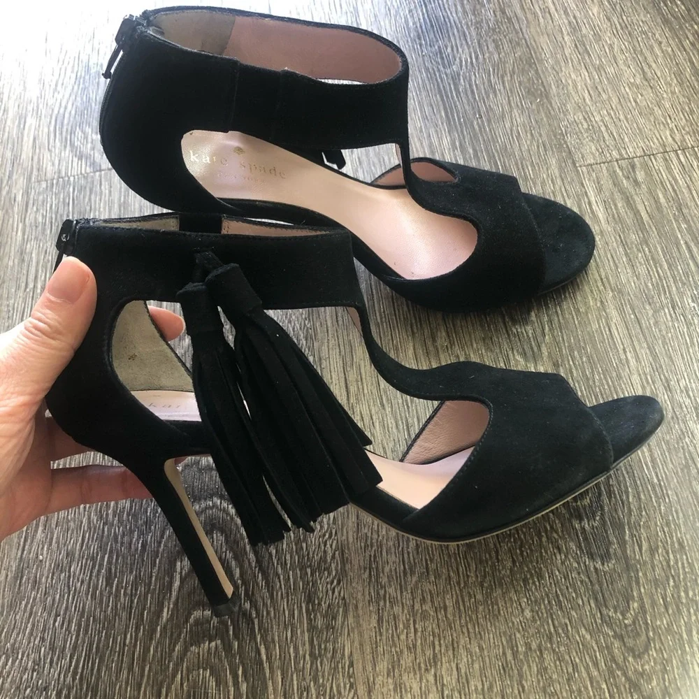 kate spade Black Suede Tassel T-Strap Stiletto Heels